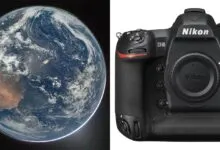 Split image: Earth from space and a Nikon D5 camera.