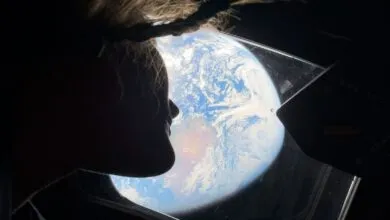 Silhouette of person looking at Earth through a spacecraft window.