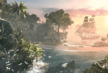 Pirate ship sails near tropical island with palm trees and rocky cliffs.