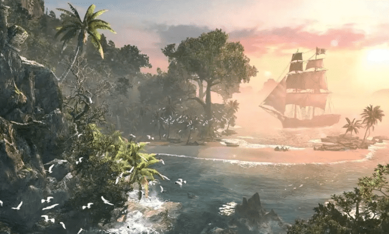 Pirate ship sails near tropical island with palm trees and rocky cliffs.