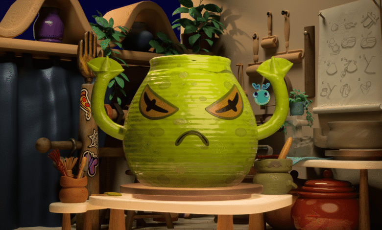 Animated green pot with angry face in a pottery studio setting.