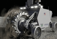 Lunar rover excavating regolith on the moon's surface, stars in the background.