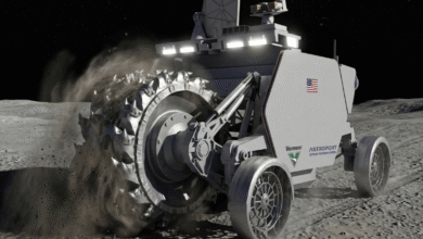 Lunar rover excavating regolith on the moon's surface, stars in the background.