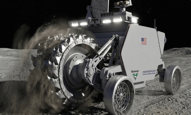 Lunar rover excavating regolith on the moon's surface, stars in the background.