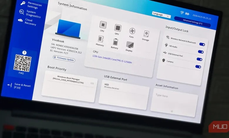 Asus Vivobook laptop displaying UEFI BIOS dashboard with system information.