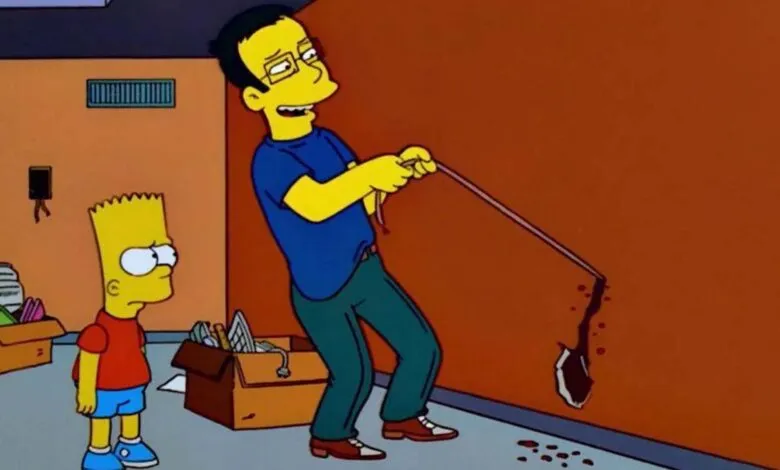 Bart Simpson watches as a man pulls a wire through a wall, creating a hole.