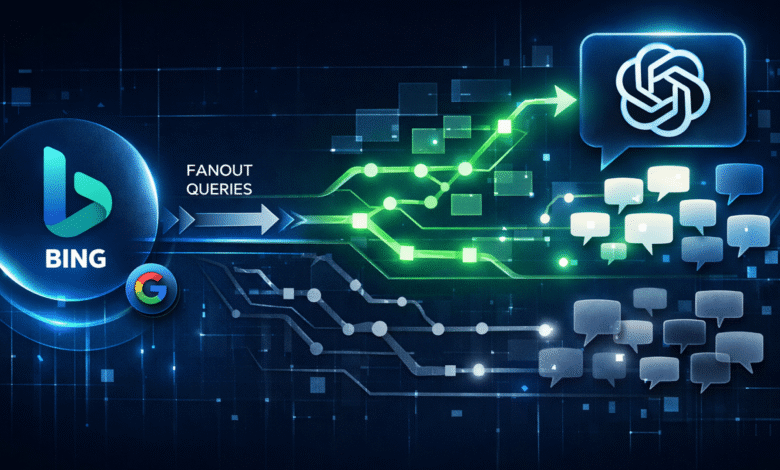 Diagram showing Bing and Google queries branching to ChatGPT and other responses.