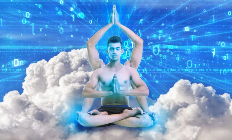 Man meditating in lotus pose with digital overlay of binary code and clouds.