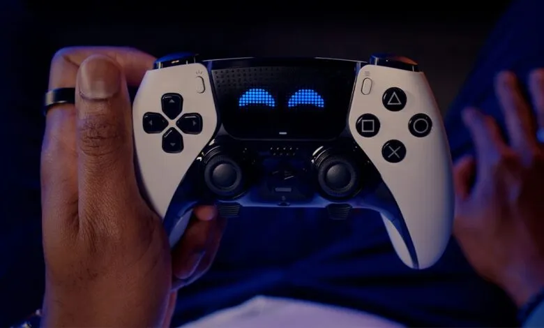 Hands holding a white and black PlayStation controller with glowing blue eyes.
