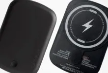 Two black Casely Powerpod portable chargers, one showing the back.