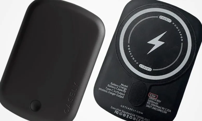 Two black Casely Powerpod portable chargers, one showing the back.
