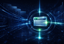 Abstract digital illustration of numbered document cards with glowing lines.