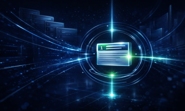 Abstract digital illustration of numbered document cards with glowing lines.