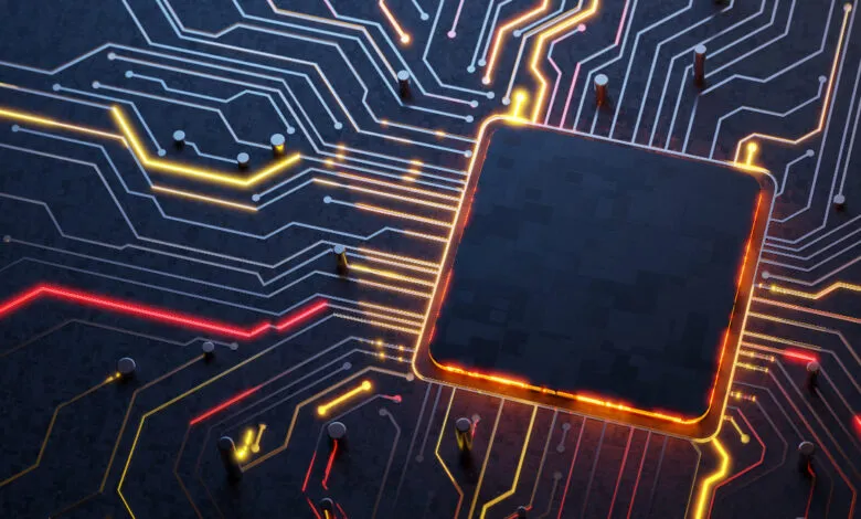 Close-up of a computer chip with glowing circuits and a dark central processor.