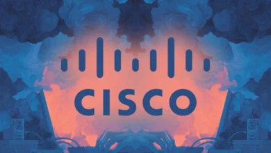 Cisco logo over stylized cityscape with hands typing on a keyboard.