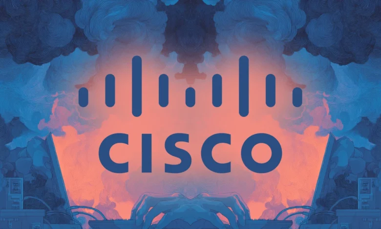 Cisco logo over stylized cityscape with hands typing on a keyboard.