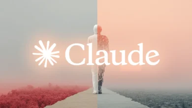 Claude AI logo featuring a figure half-human, half-machine standing on a path.