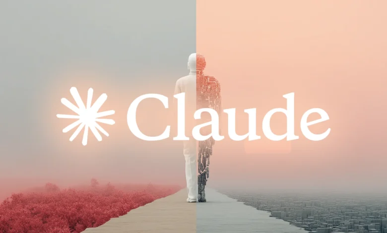 Claude AI logo featuring a figure half-human, half-machine standing on a path.