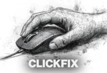Sketch of a hand using a computer mouse, with the word 'CLICKFIX' below.