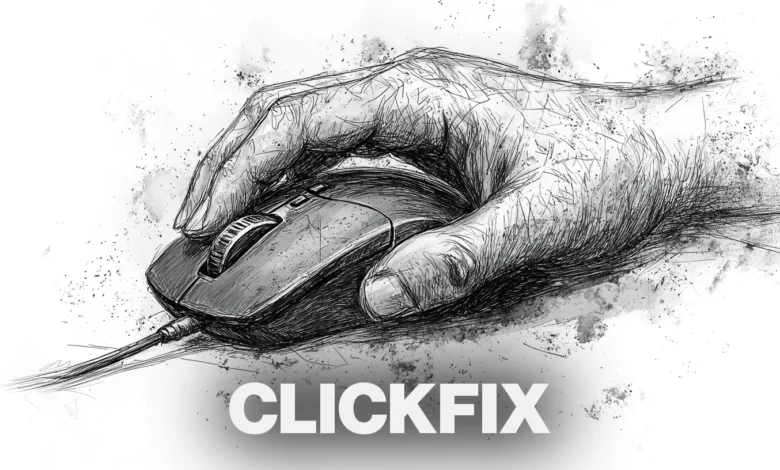 Sketch of a hand using a computer mouse, with the word 'CLICKFIX' below.