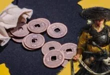 Japanese coins spill from a cloth bag next to a samurai warrior.