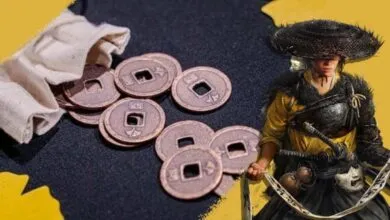 Japanese coins spill from a cloth bag next to a samurai warrior.