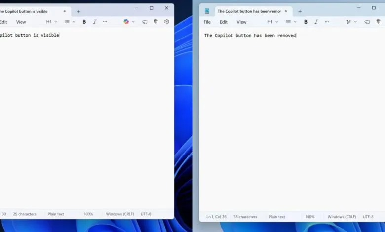 Two Notepad windows showing Copilot button visible and removed.