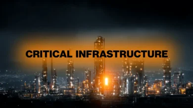 Night view of industrial plant with 'Critical Infrastructure' text overlay.
