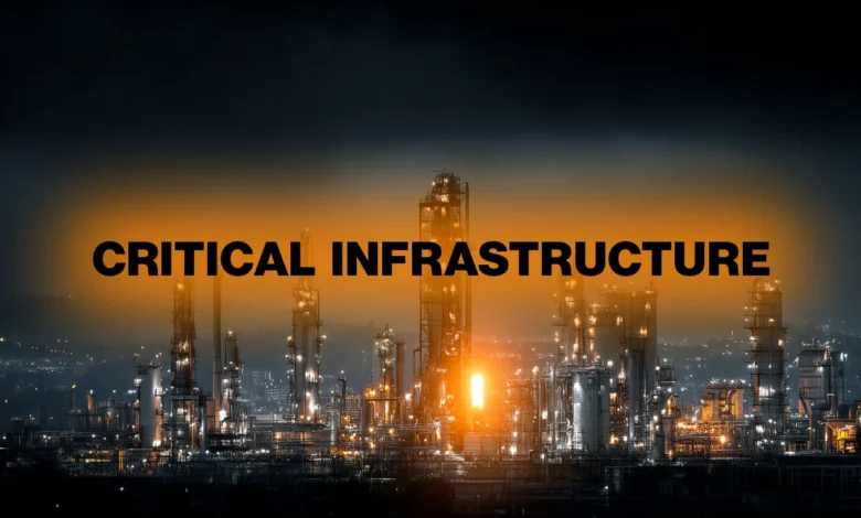 Night view of industrial plant with 'Critical Infrastructure' text overlay.