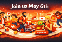Cartoon illustration of people shopping with phones and carts, promoting a sale on May 6th.