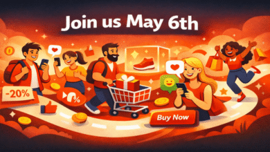 Cartoon illustration of people shopping with phones and carts, promoting a sale on May 6th.