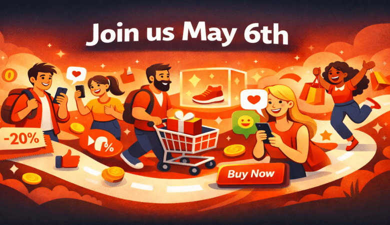 Cartoon illustration of people shopping with phones and carts, promoting a sale on May 6th.