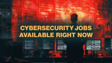 Person stands before screens displaying code, text reads 'Cybersecurity Jobs Available Right Now'.