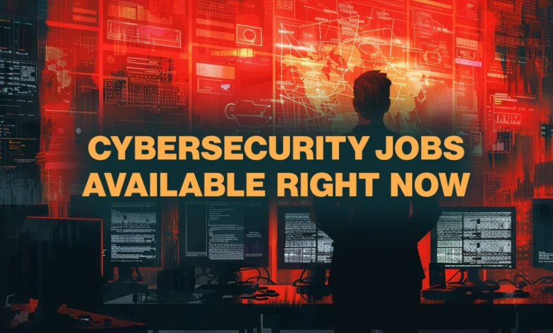 Person stands before screens displaying code, text reads 'Cybersecurity Jobs Available Right Now'.