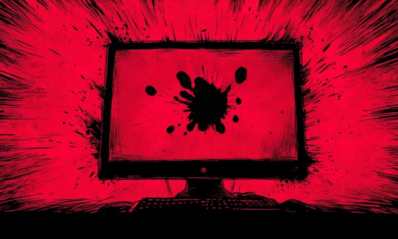 Stylized computer with a black ink splatter on the screen, red background.