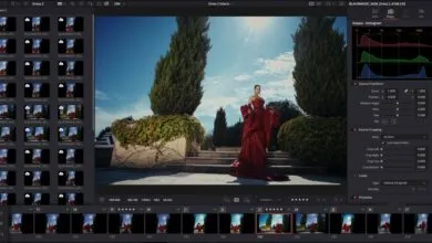 Woman in red gown stands on steps in DaVinci Resolve editing software interface.