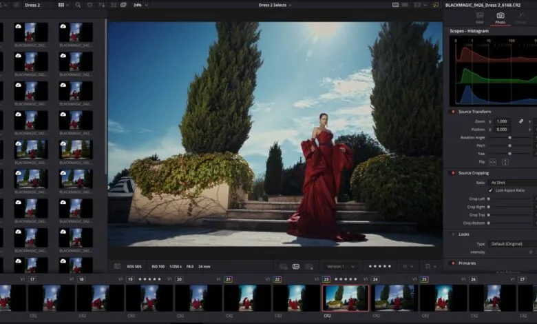 Woman in red gown stands on steps in DaVinci Resolve editing software interface.