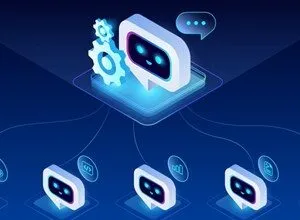 Isometric illustration of a chatbot connected to various data sources and functions.