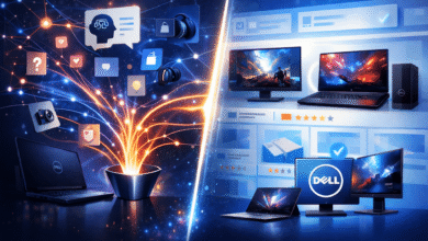 Dell laptops and desktops connected by data streams and icons, showcasing AI search.