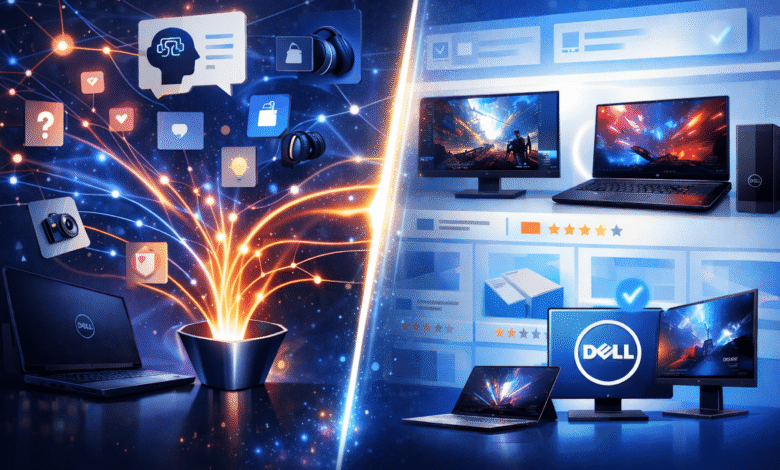 Dell laptops and desktops connected by data streams and icons, showcasing AI search.