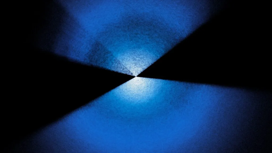 Abstract blue and black geometric pattern with a central light source.