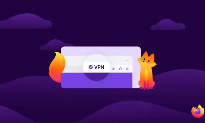 Firefox VPN illustration with fox character and VPN interface.