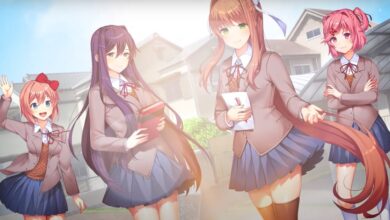 Doki Doki Literature Club characters: Sayori, Yuri, Monika, and Natsuki.