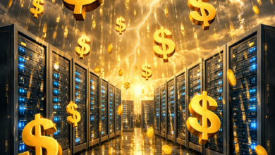 Data center with falling dollar signs and coins, illuminated by lightning.