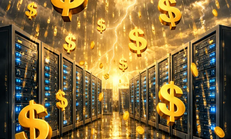 Data center with falling dollar signs and coins, illuminated by lightning.