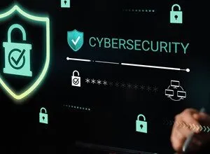 Cybersecurity shield with padlock and checkmark, digital security icons, and a person using a tablet.