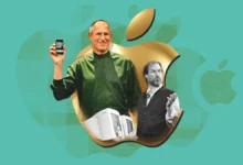 Collage of Steve Jobs holding iPhone, with Apple logo background.