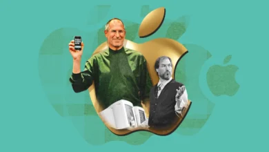 Collage of Steve Jobs holding iPhone, with Apple logo background.