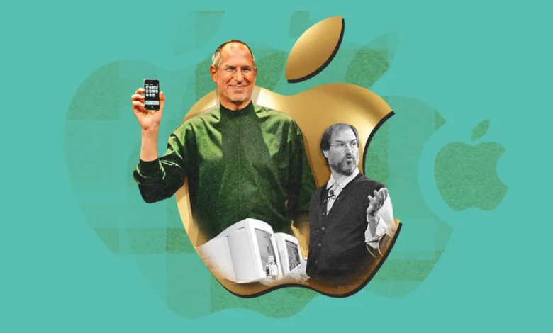 Collage of Steve Jobs holding iPhone, with Apple logo background.