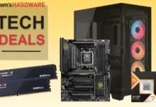 PC components including RAM, motherboard, CPU, case, and fans, with a 'Tech Deals' banner.